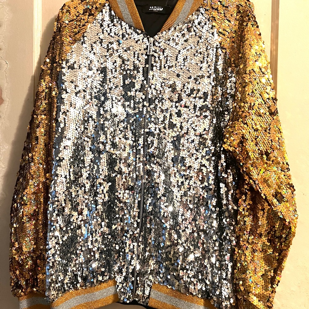 Jaded London Gold and Silver Sequin Bomber Jacket Sz L lightly worn